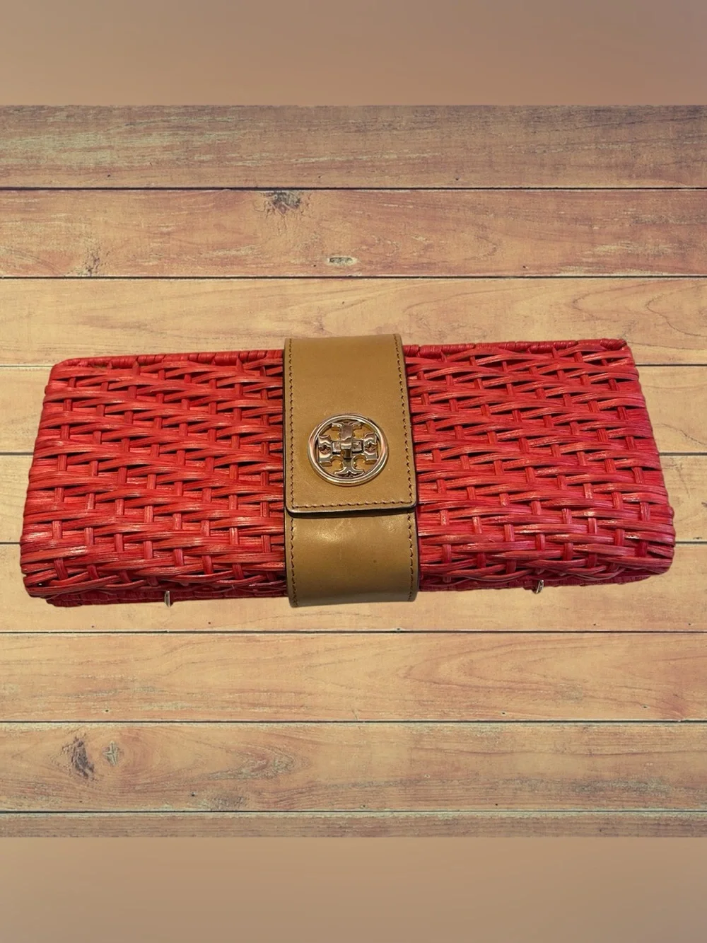 Tory Burch Wicker Rattan Leather Woven Clutch Bag  Purse Orange Gold Boho Summer